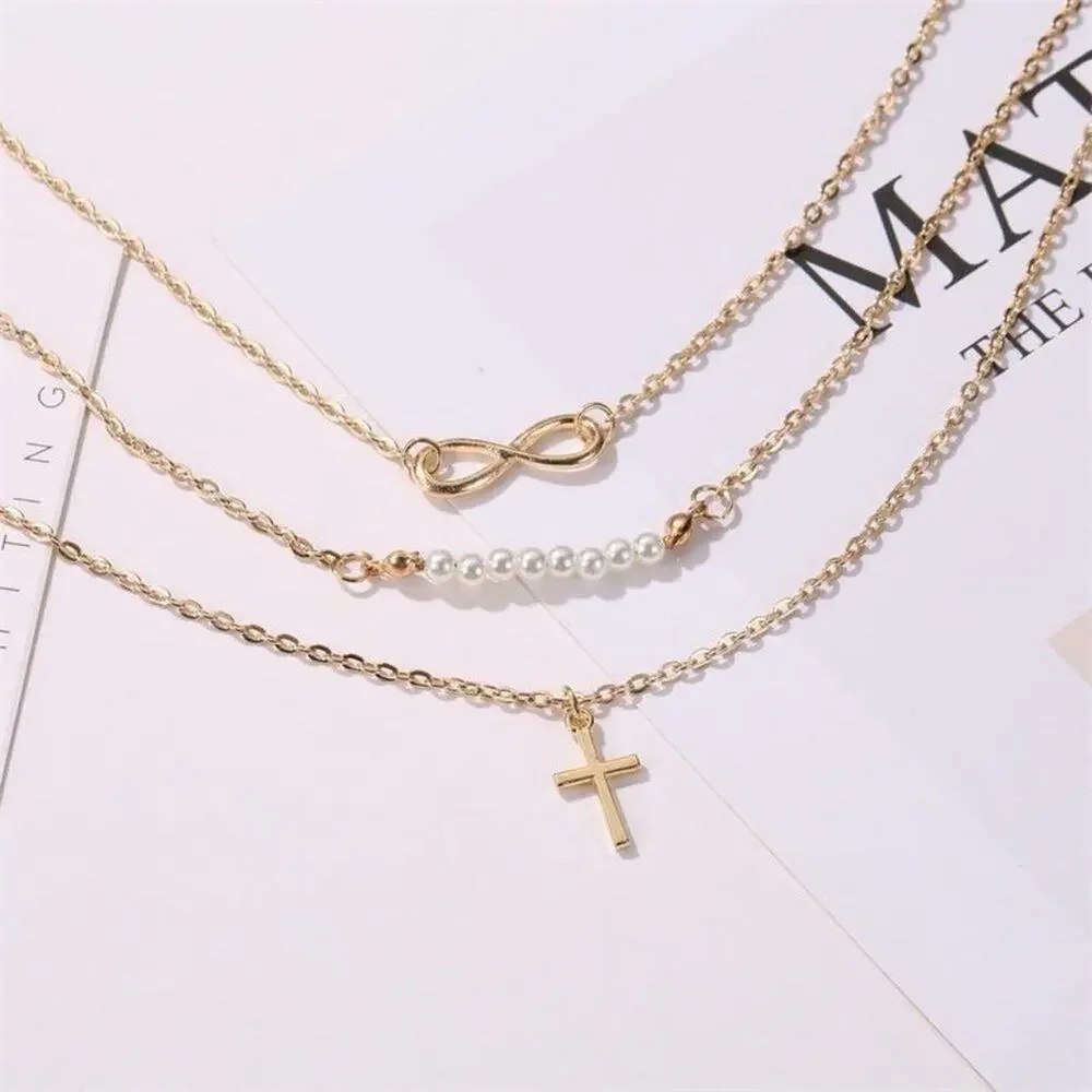 Long 8 Word Pearl Multi-layer Necklace Cross Pendant Necklace Gold Chain‎